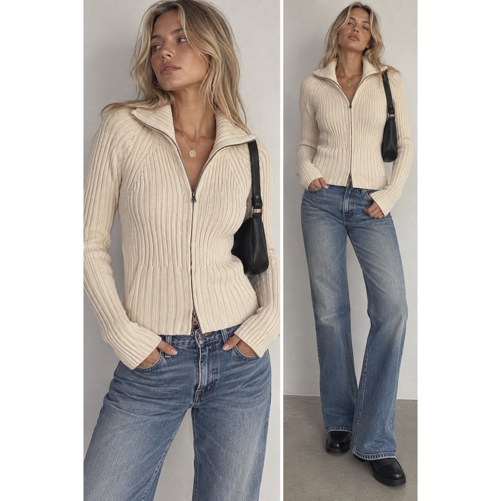 Vintage GAP Cream Cotton Ribbed Cardigan Sweater Small Full Zip Y2K 2000s